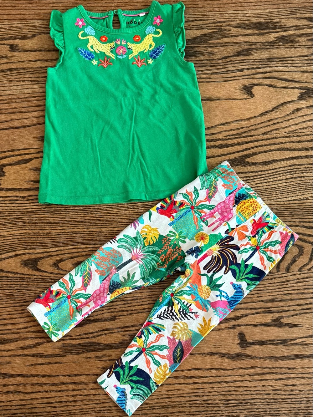 Mini Boden Green Top with Tropical Print Leggings